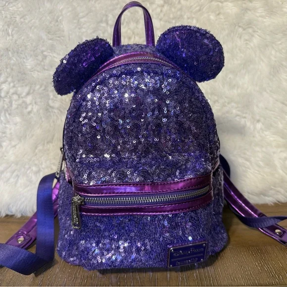 Loungefly Disney Parks Purple Ears Sequin Mini Backpack Disney Parks Loungefly Sparkling Purple Sequin Backpack  main image 4